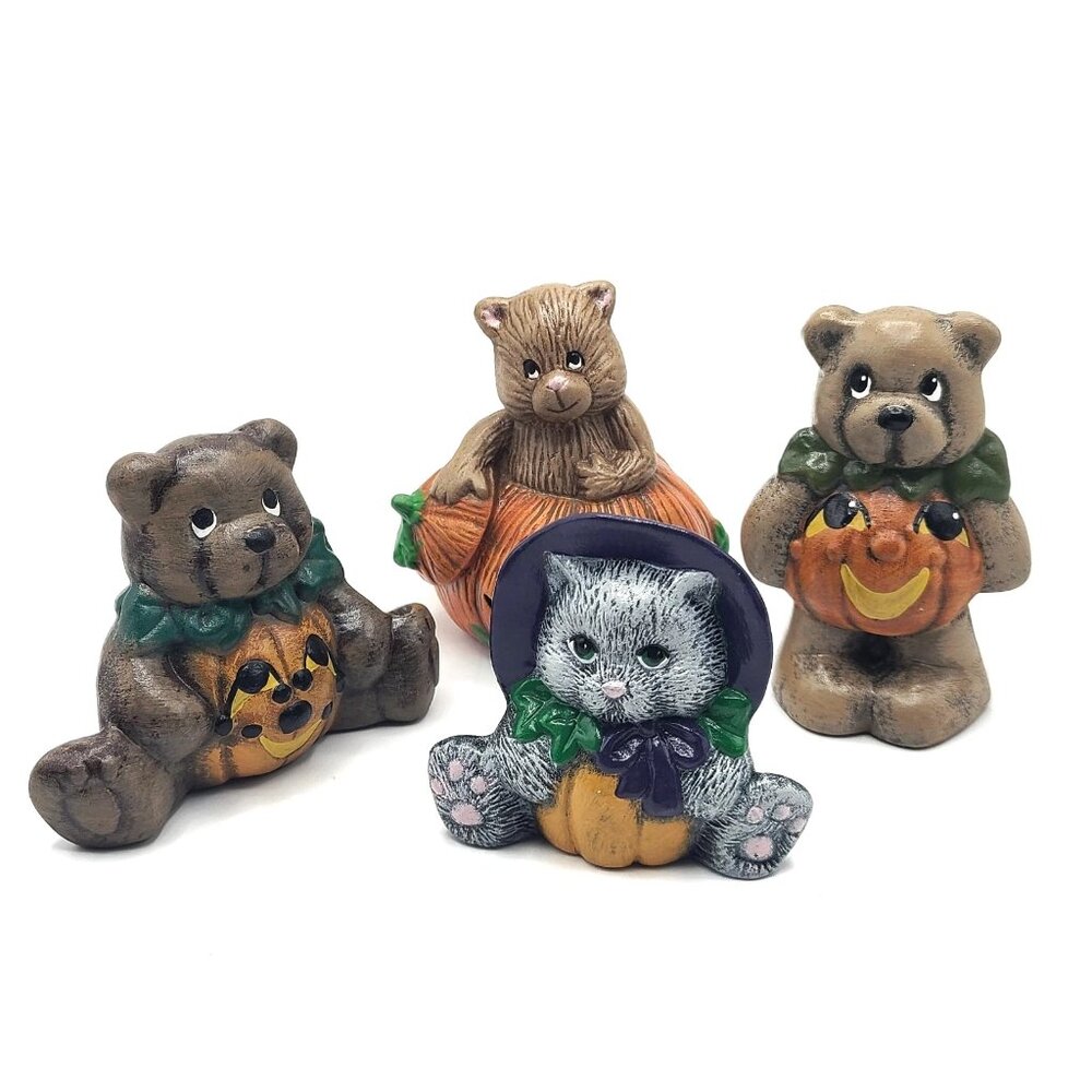 Vtg Halloween Lot of 4 Ceramic Figures Cat Teddy Bear Pumpkin Decor Kitsch 80s